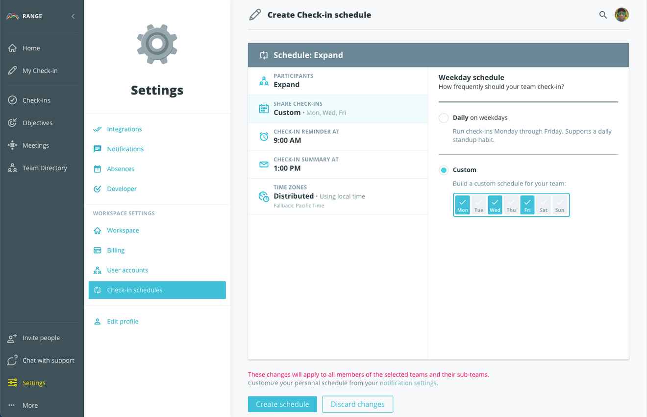 Selecting which days your team checks-in in Range