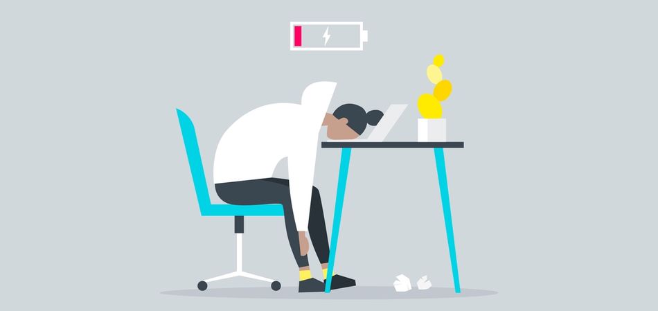 Illustration of employee at desk experiencing burnout