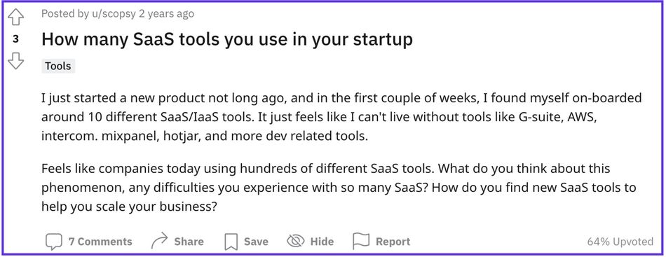 Reddit thread about SaaS tools in startup