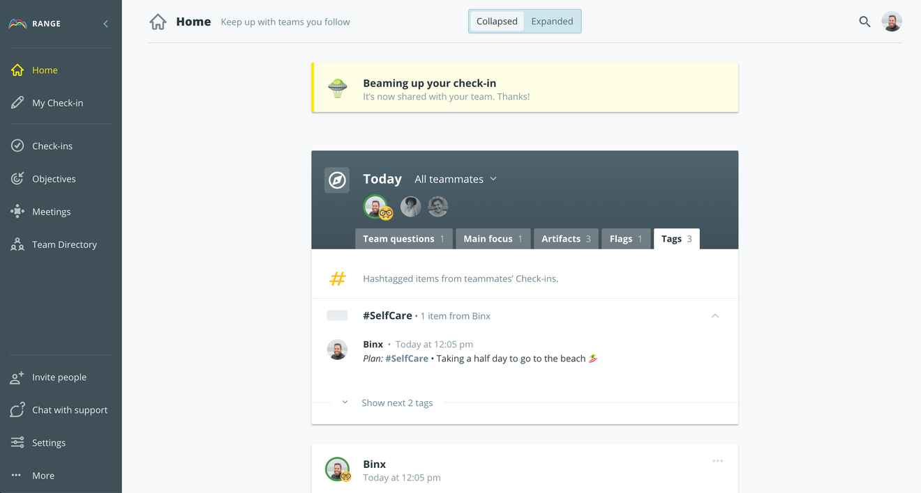 Completed Check-in Prompt in a Range summary card
