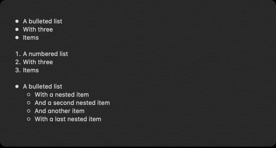 Screenshot of a bulleted list of items, a numbered list of items, and a bulleted list of items with nested bullets