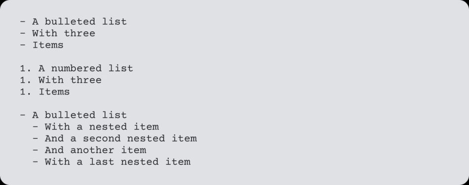 Screenshot of markdown formatting for a bulleted list, numbered list, and bulleted list with nested items