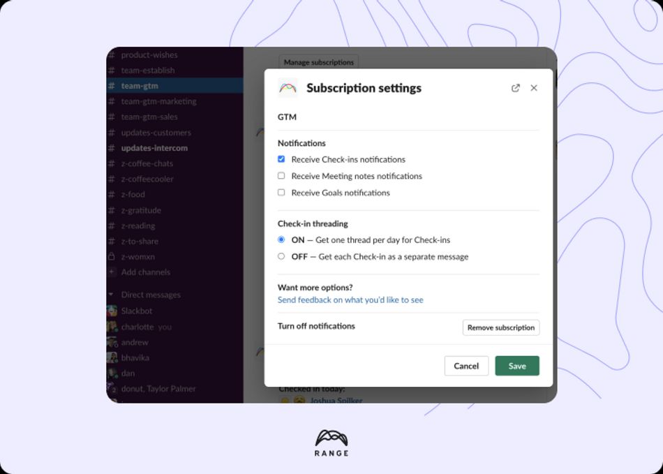 Range Slack notification dialog box