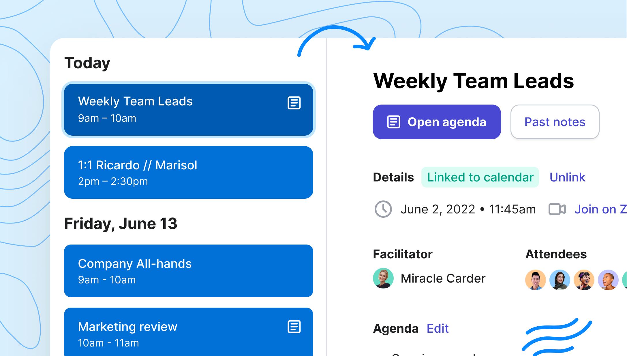google calendar events with a Range meeting agenda