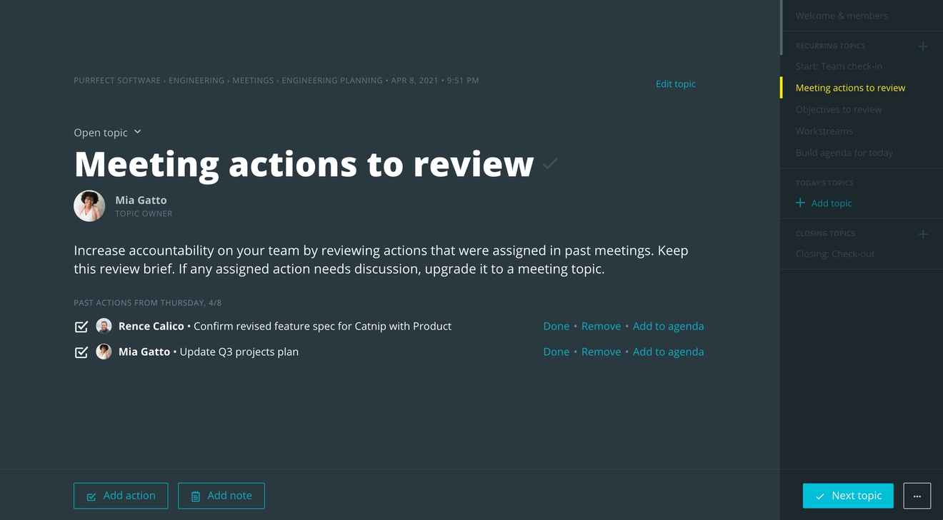 Reviewing action items in Meetings