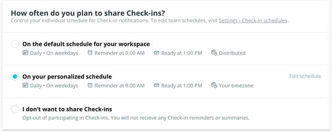Screenshot of personal Check-ins scheduling interface