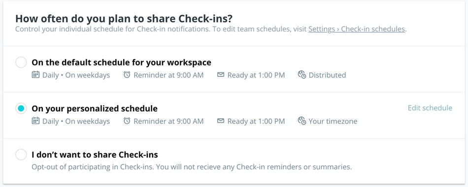 Screenshot of personal Check-ins scheduling interface