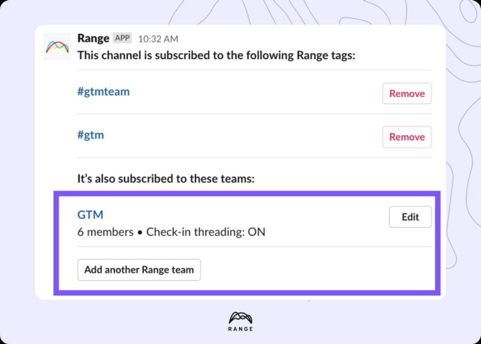 Range team subscription settings in a Slack channel