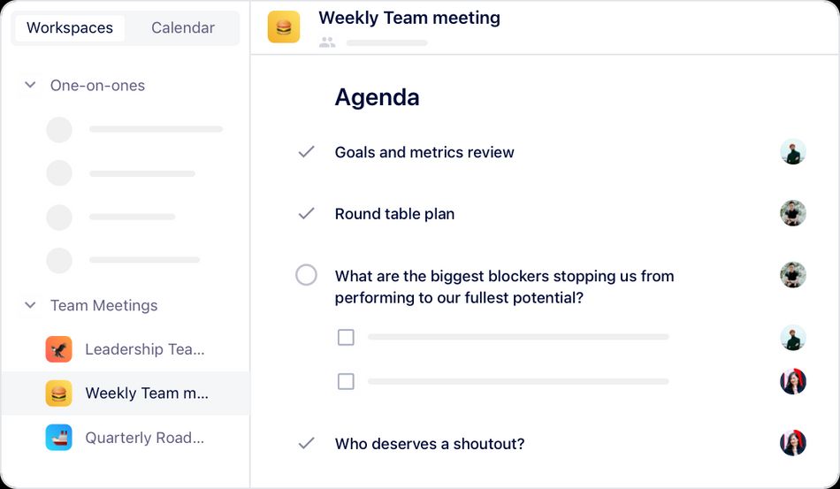 screenshot of a weekly team meeting agenda in hypercontext