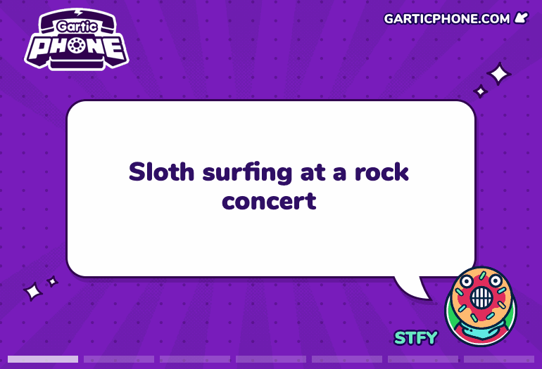 gif of Gartic Phone sequence of "sloth surfing at a rock concert"