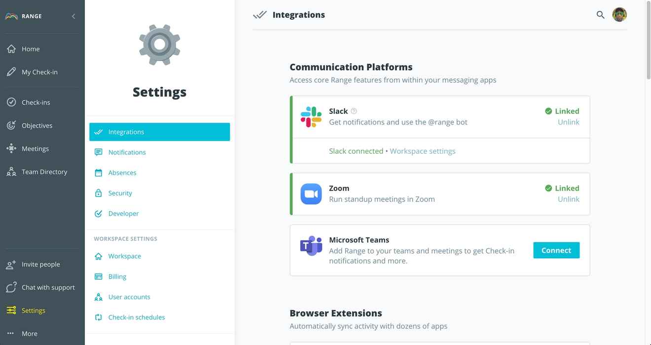 Integrations page in the Range app