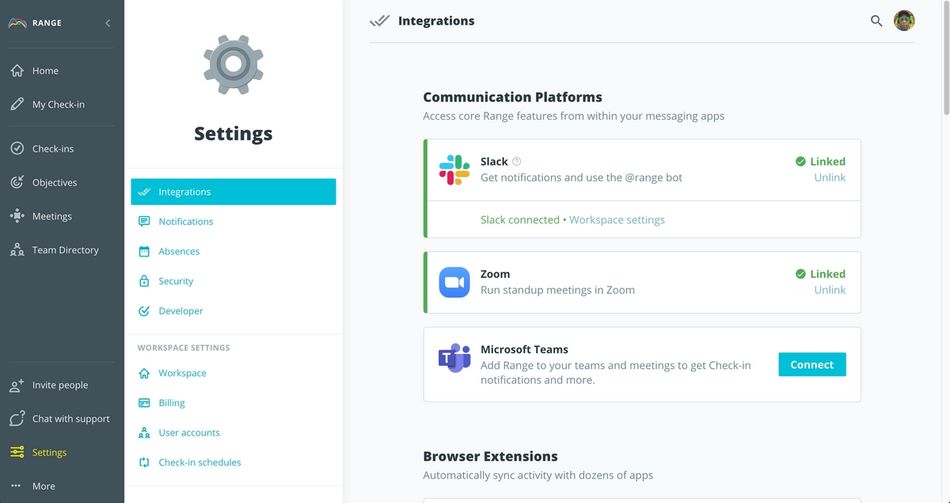 Integrations page in the Range app