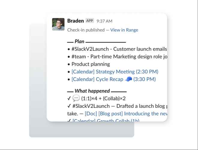 Image of a Range Check-in shared in Slack