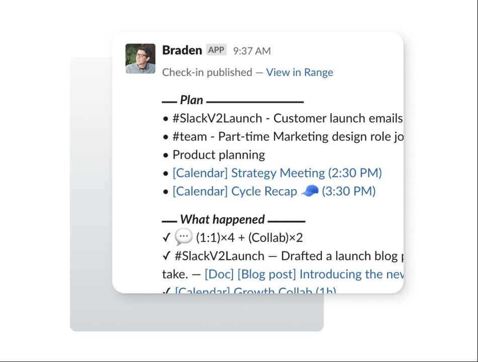 Image of a Range Check-in shared in Slack