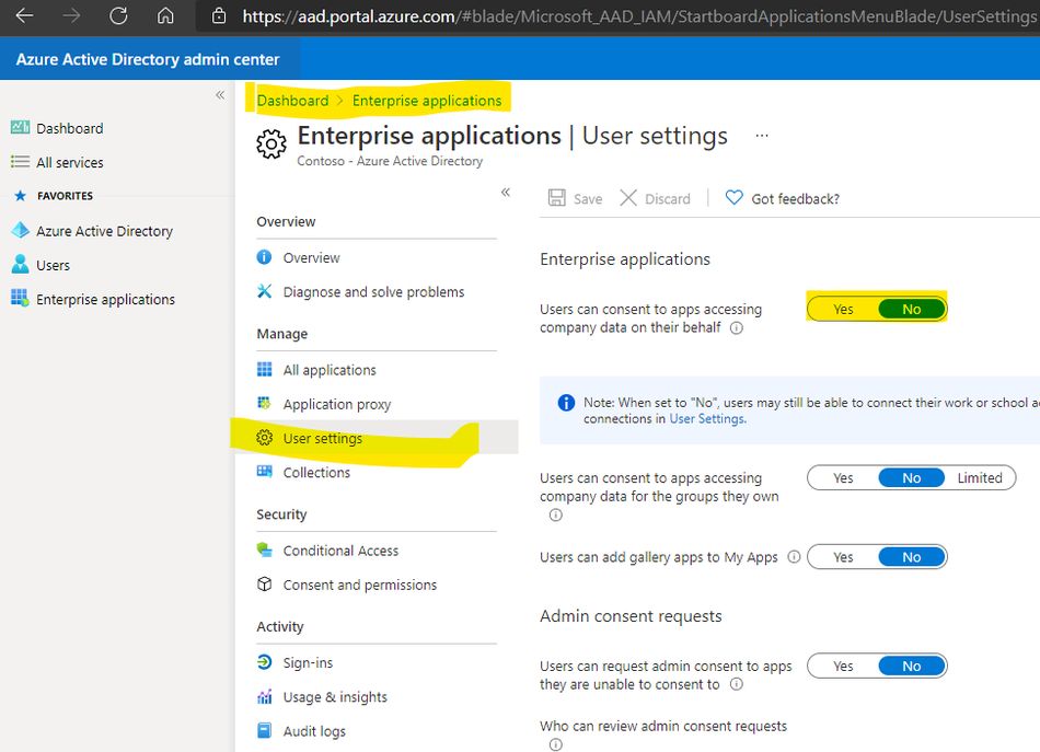 Editing enterprise application settings in Azure Active Directory admin center