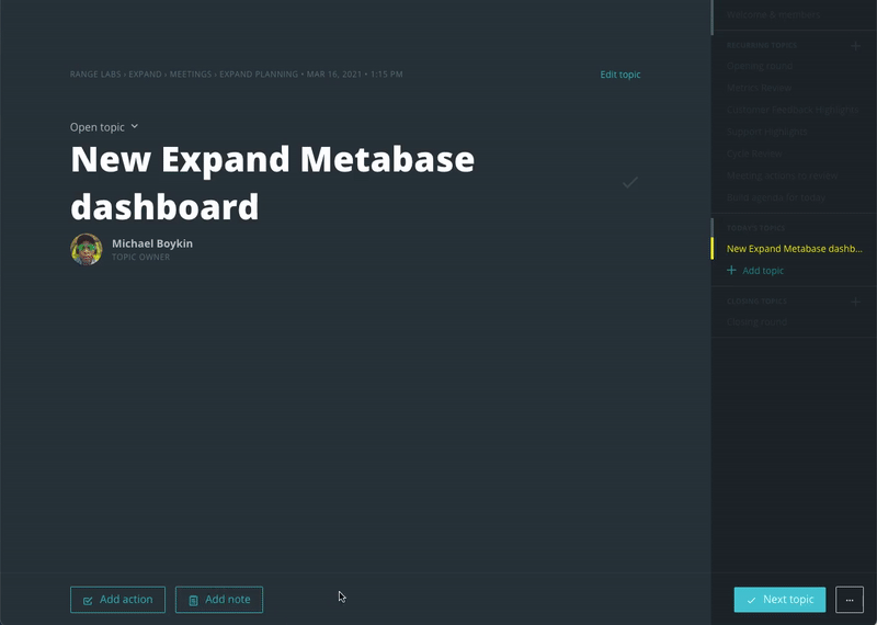 Adding meeting notes and an action in Meetings