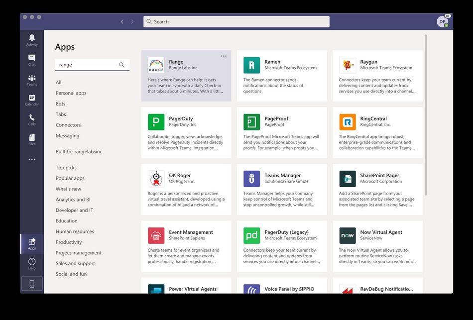 Screenshot of the Range app in Microsoft Teams app search