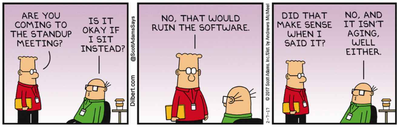 Dilbert cartoon of a standup meeting