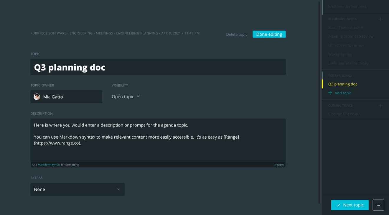 Editing agenda item description with details in Range
