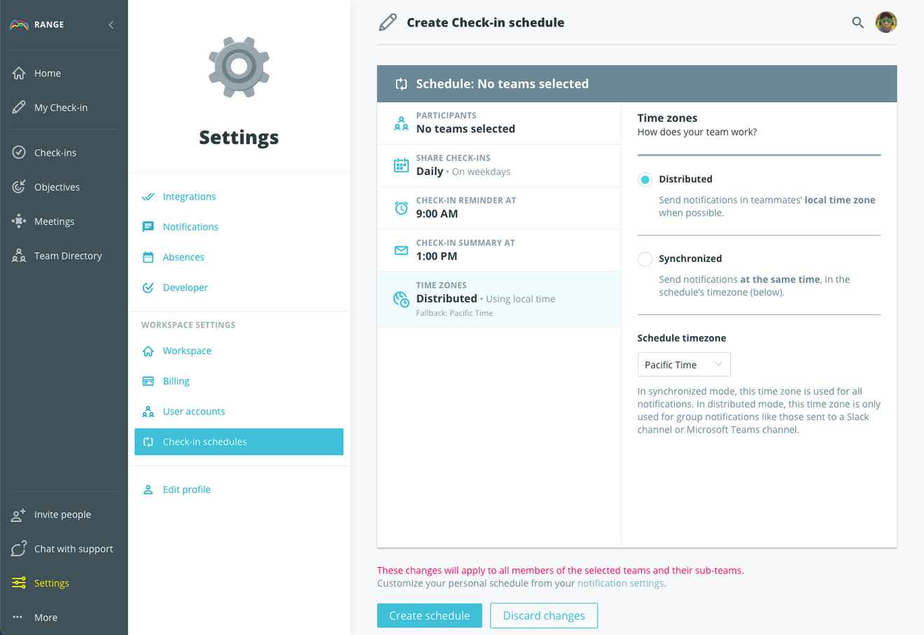 Setting the time zone preference for a Check-in Schedule