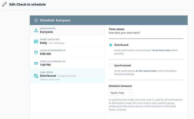 Screenshot of Check-ins schedule editing interface showing how to adjust based on timezone