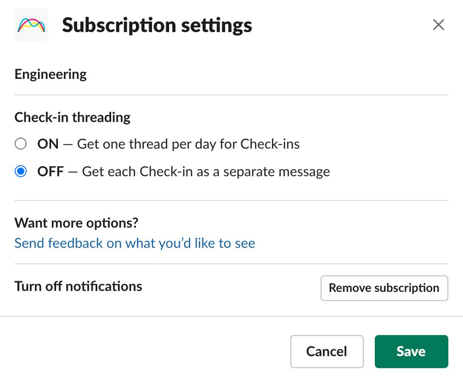 Editing subscription settings in Slack