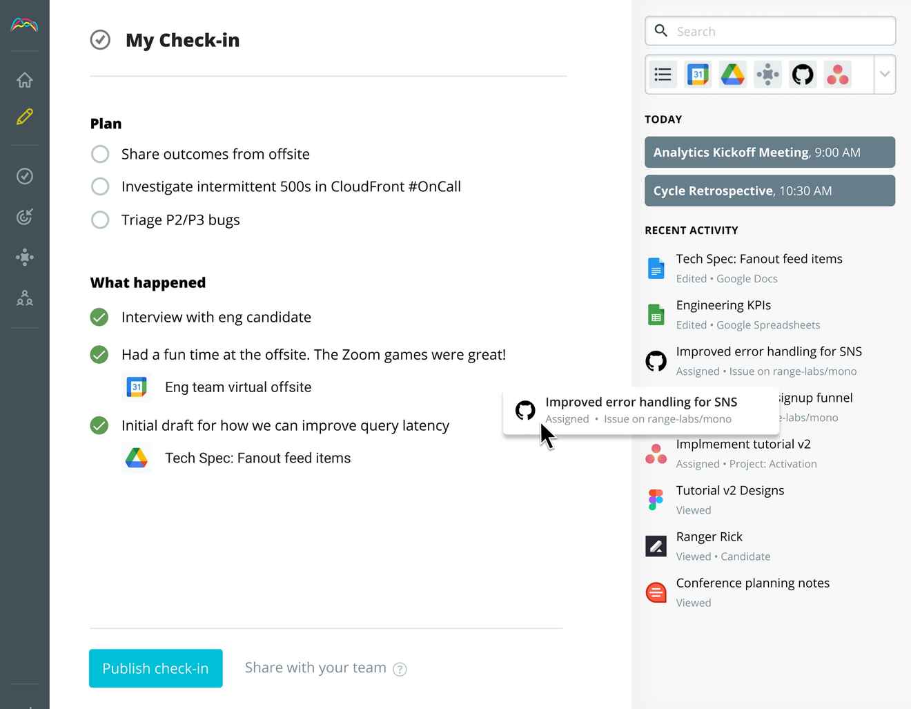 Screenshot of the Range check-in view