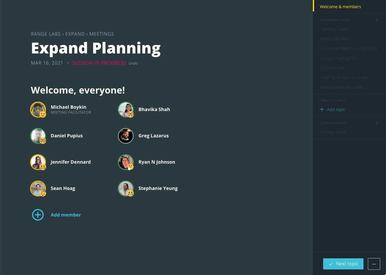 Meetings welcome and members screen