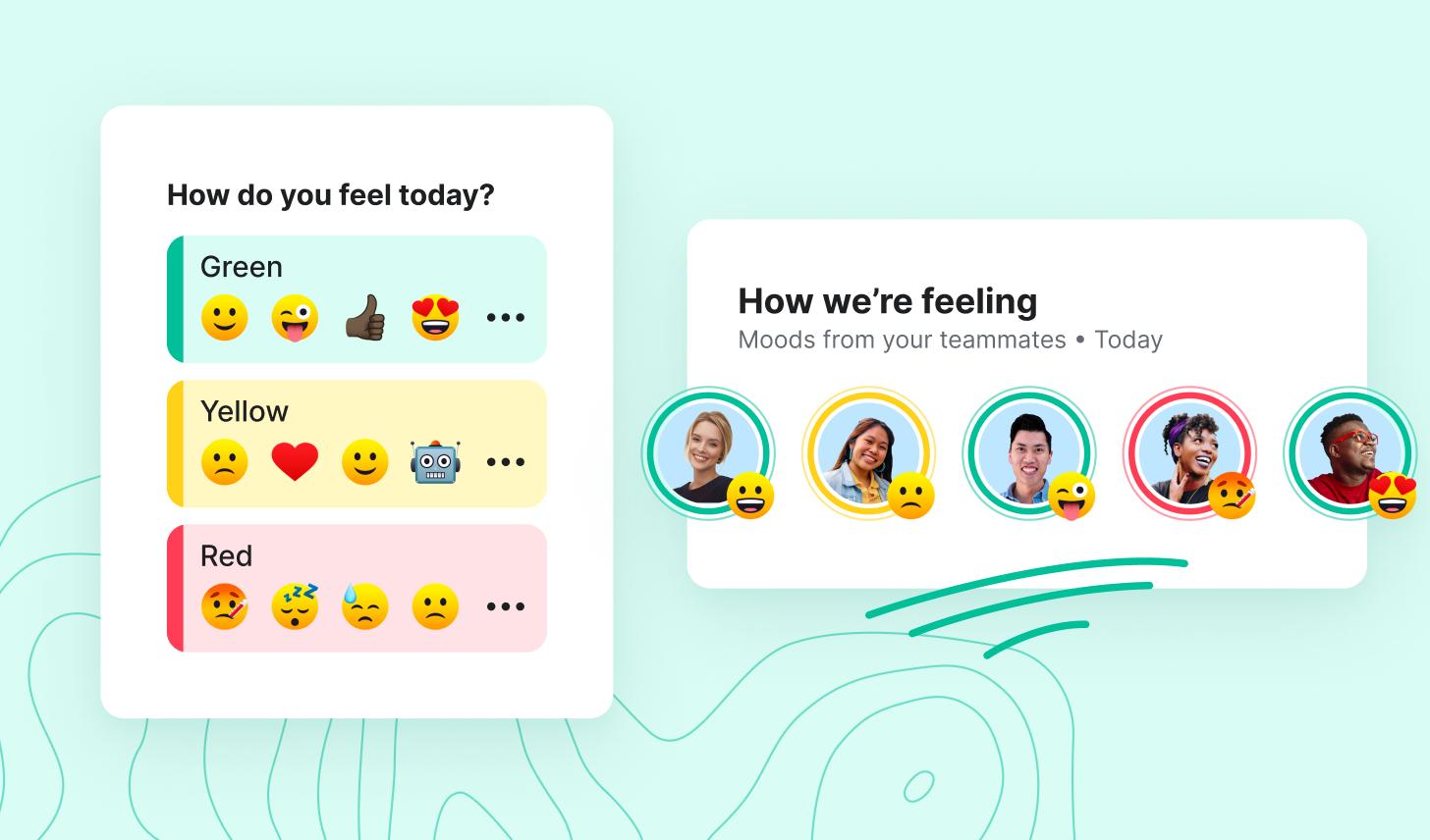 Highlight of mood-sharing functionality in Range that features how teammates are feeling on a red-yellow-green scale with emojis