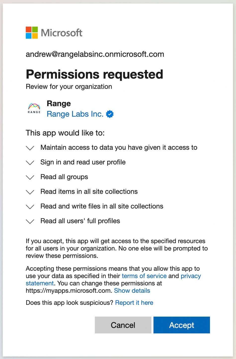 Permissions requested Range and Microsoft 365