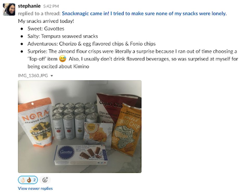 Slack message showing photo of snack magic haul