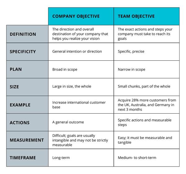 A table showing the differences between company and team objectives