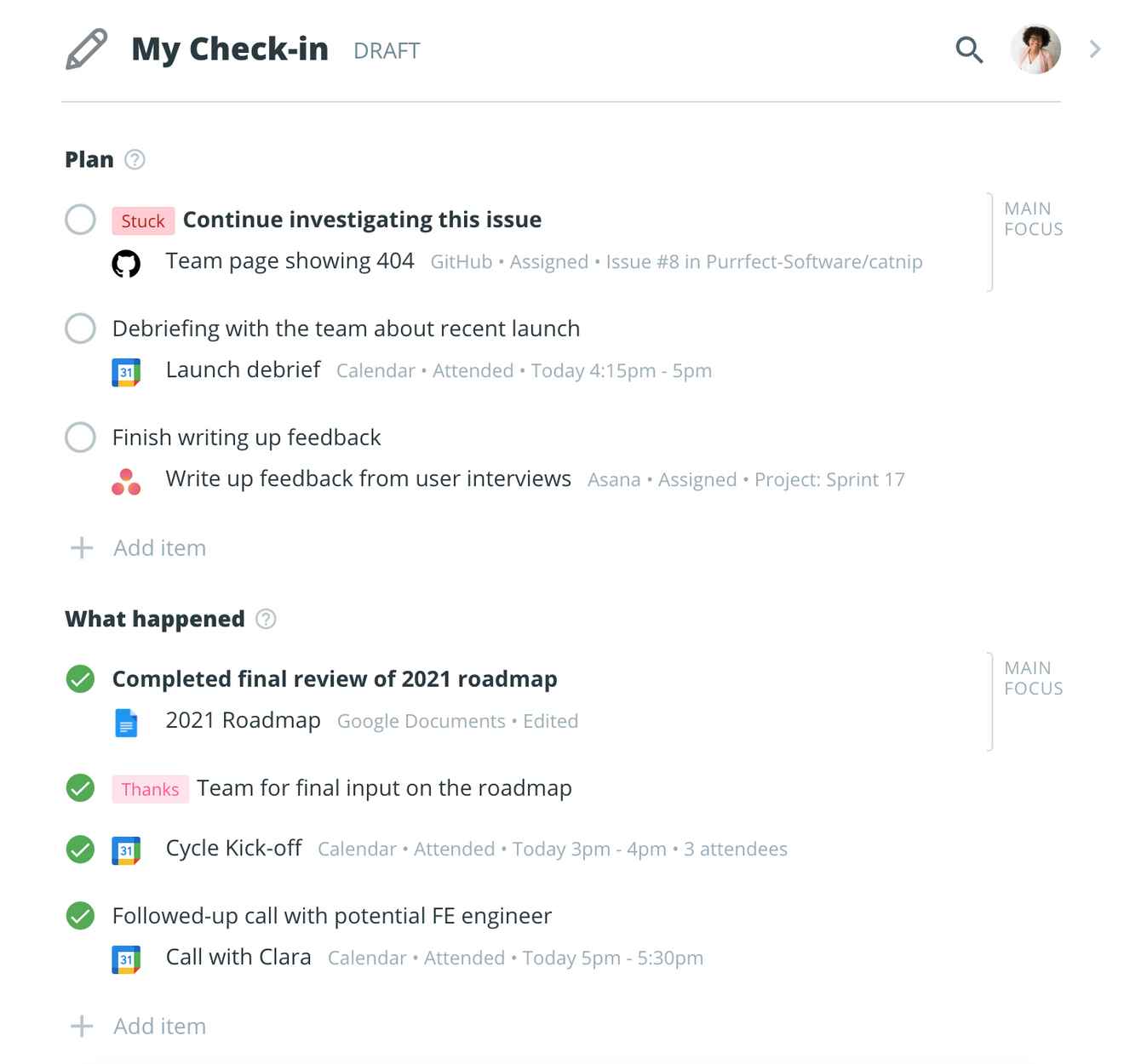 Completing the 'What happened' section of a daily Check-in in Range