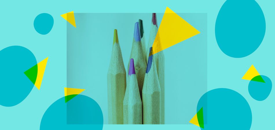 An image of six colored pencils on a light blue background with geometric overlays.