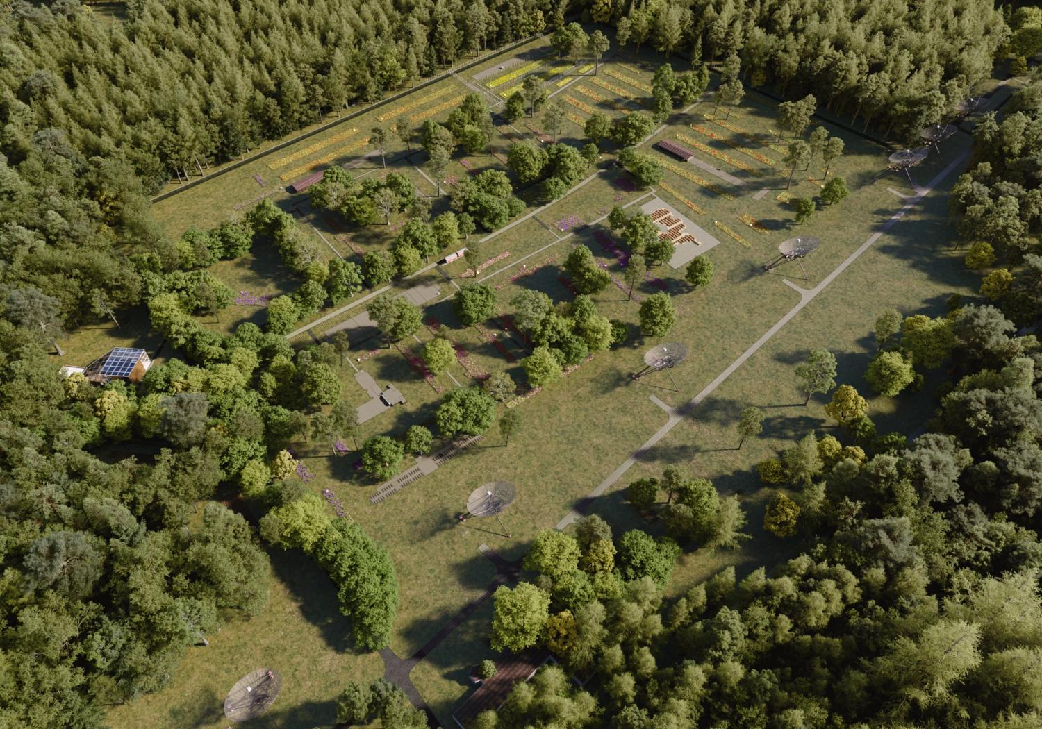 Digitaal ontworpen afbeelding van een bovenaanzicht van hoe toekomstig kamp Westerbork eruit zal zien na de vernieuwing