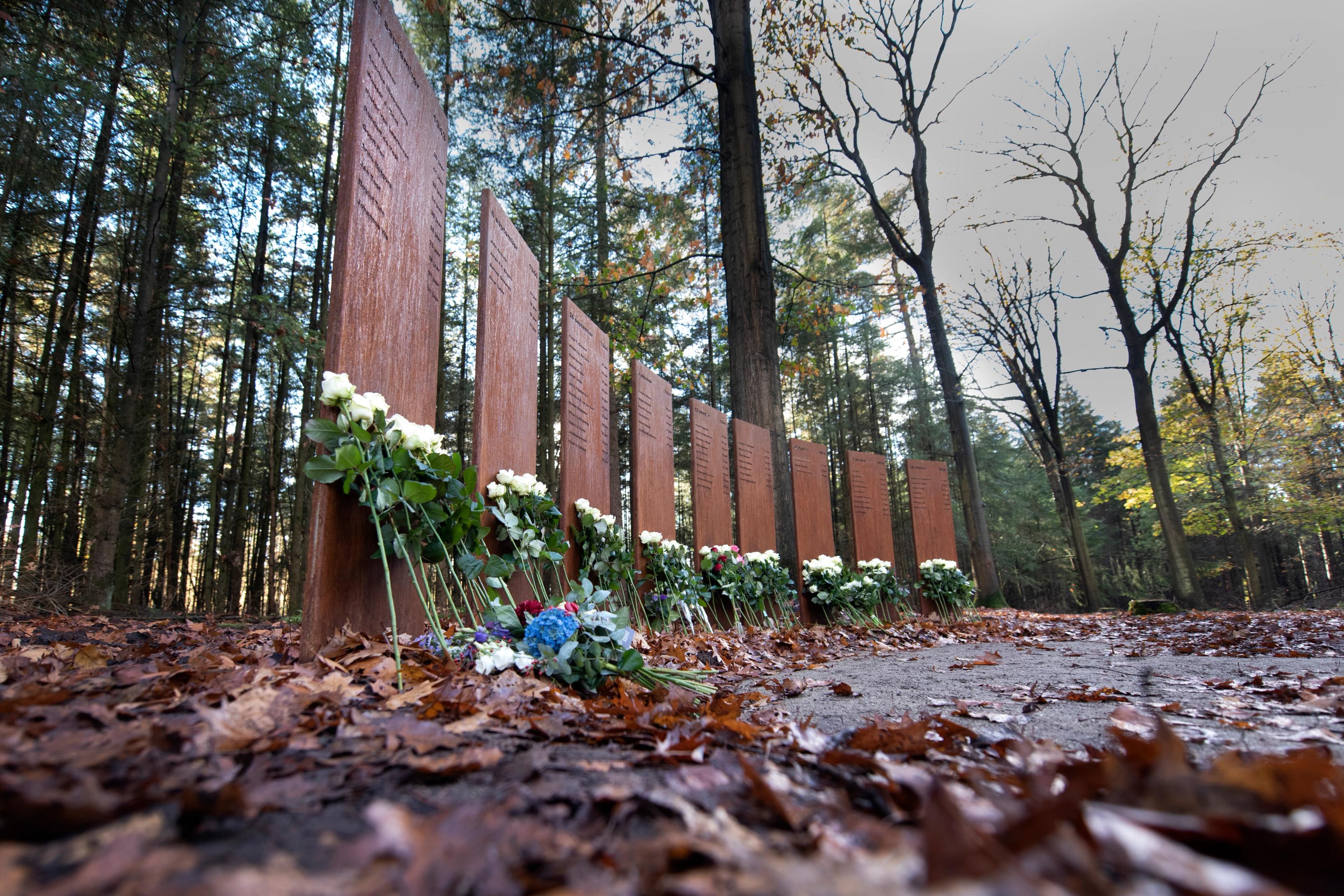 De zuilen van de Namenwand bij het verzetsgraf, in het bos naast kamp Westerbork. Tegen de bruine zuilen aan staan bossen met witte rozen