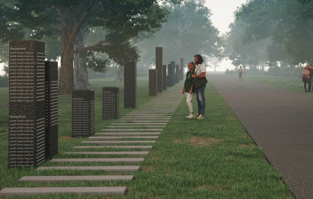 A digital rendering of what the memorial avenue will look like, featuring dark grey blocks and horizontal railway sleepers set into the grass