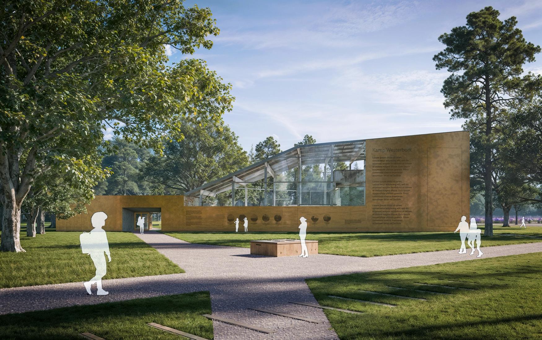 Voorbeeldfoto van de vernieuwingsplannen van kamp Westerbork. Op de foto is een vernieuwde overkapping bij de commandantswoning te zien op het kampterrein