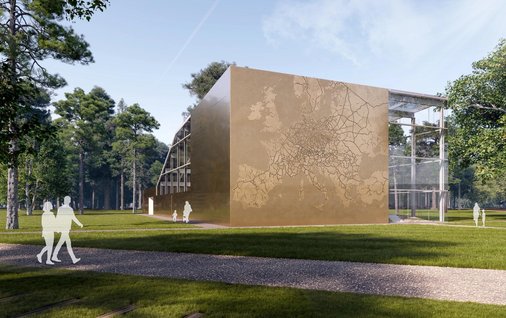 Illustratief beeld van het vernieuwde kampterrein van kamp Westerbork met een voorbeeld van de nieuwe overkapping rondom de commandantswoning