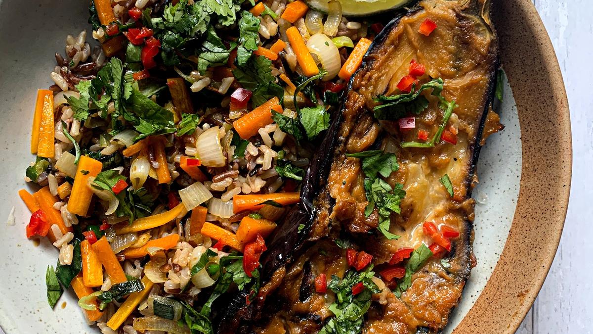 Sticky miso aubergine with rainbow wild rice