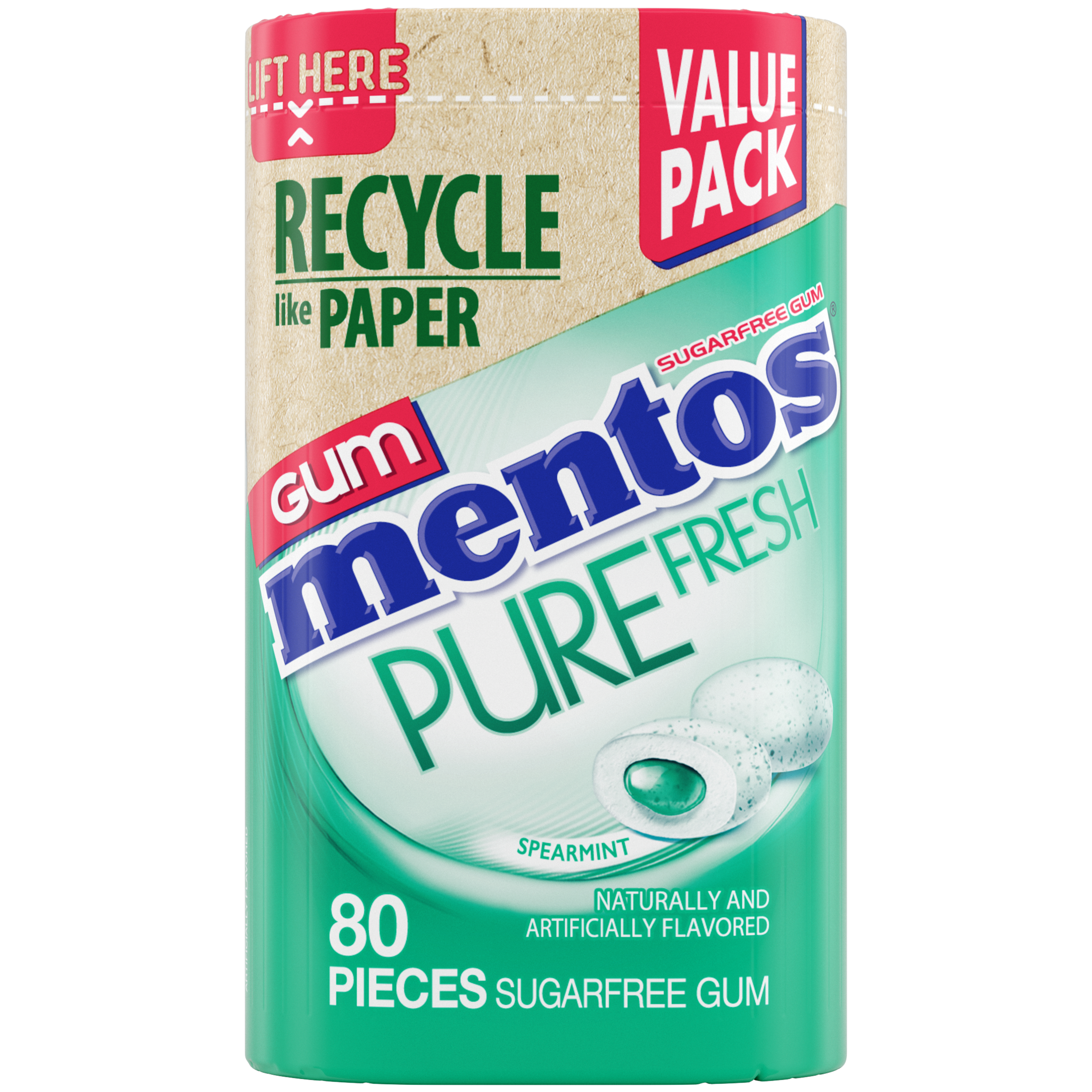 Mentos Pure Fresh Gum Spearmint - 80pc Paperboard Bottle