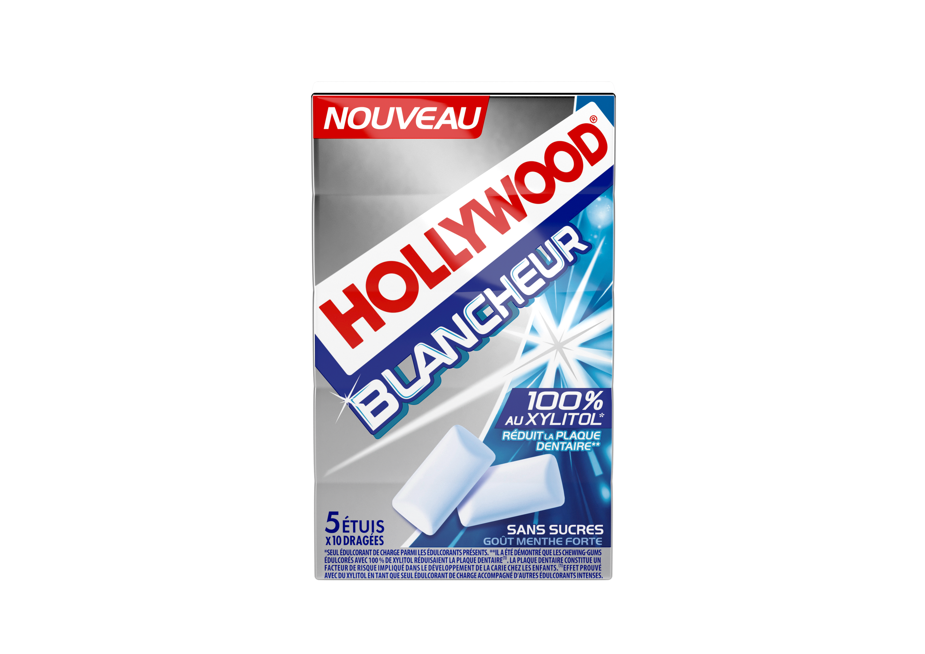 Avec Hollywood Blancheur Menthe Forte 100% Xylitol, offrez à votre bouche une fraîcheur intense et un sourire éclatant, grâce à une formule sans sucres qui prend soin de vos dents.