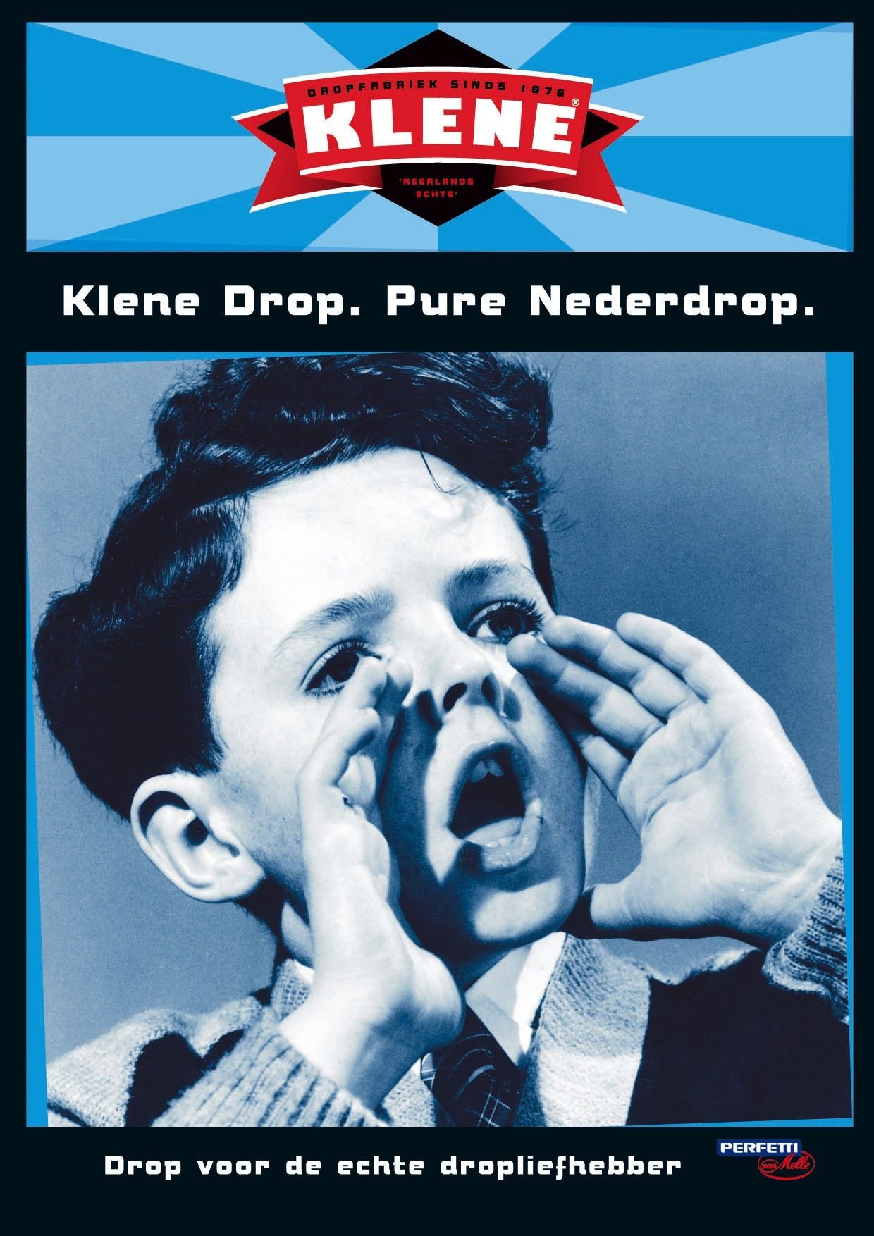 Klene vintage reclame poster met een jongetje. Tekst: Klene Drop Pure Nederdrop.
