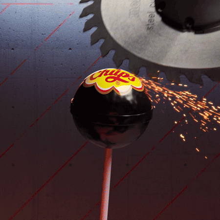 A ChupaChups with a saw