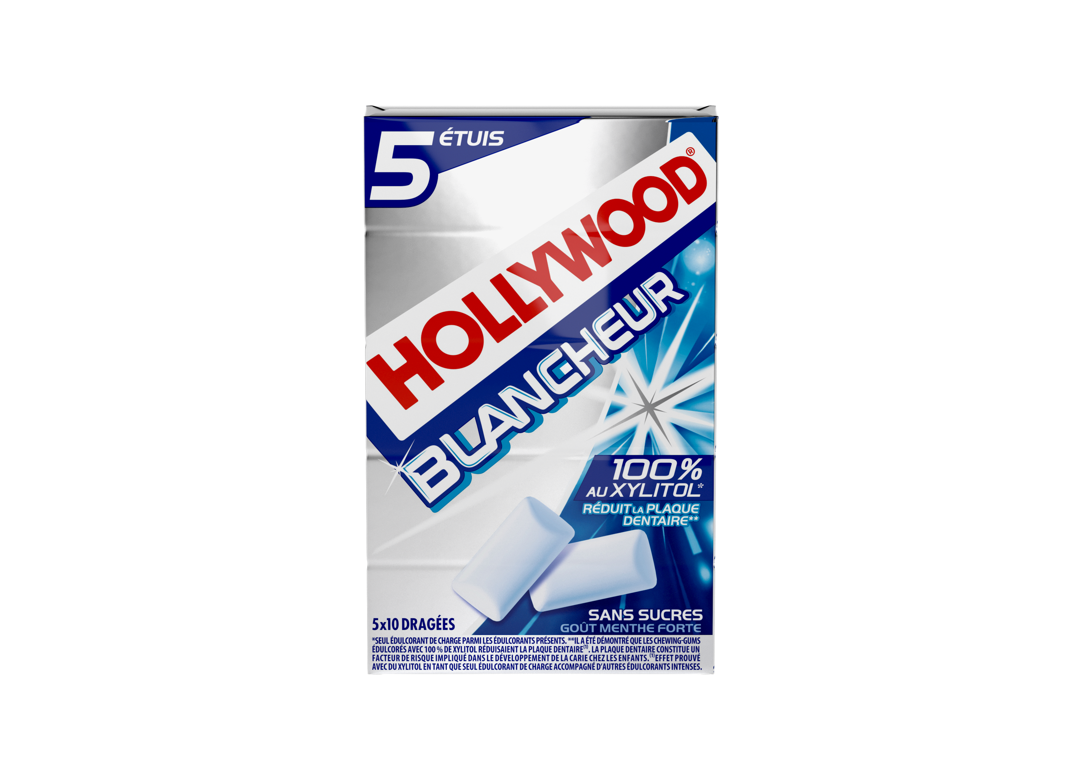 Avec Hollywood Blancheur Menthe Forte 100% Xylitol, offrez à votre bouche une fraîcheur intense et un sourire éclatant, grâce à une formule sans sucres qui prend soin de vos dents.