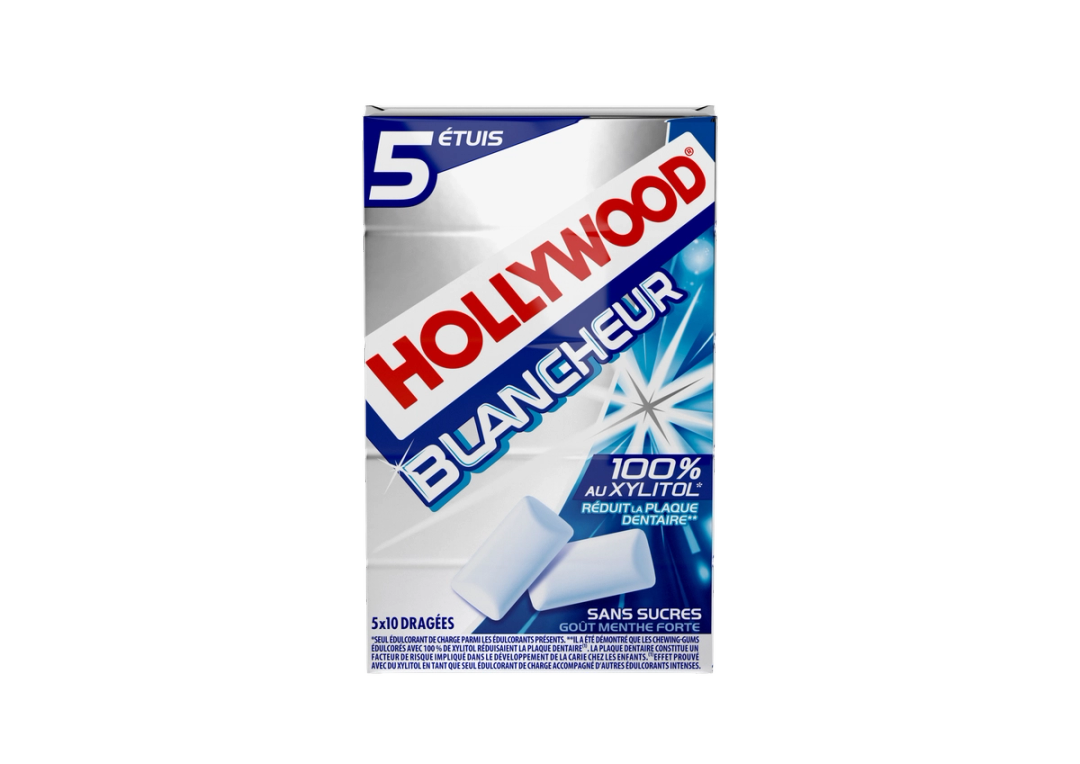 Avec Hollywood Blancheur Menthe Forte 100% Xylitol, offrez à votre bouche une fraîcheur intense et un sourire éclatant, grâce à une formule sans sucres qui prend soin de vos dents.