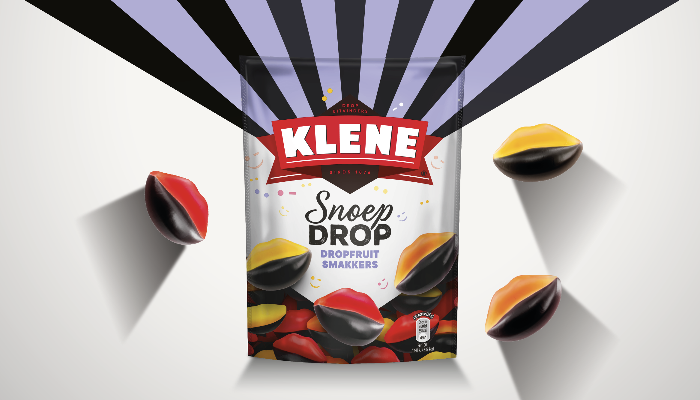 Klene Snoepdrop / in vier varianten; gesuikerde fruitduimpjes, luchtige fruitklappers, zoete salmiakboksjes en dropfruit smakkers. 