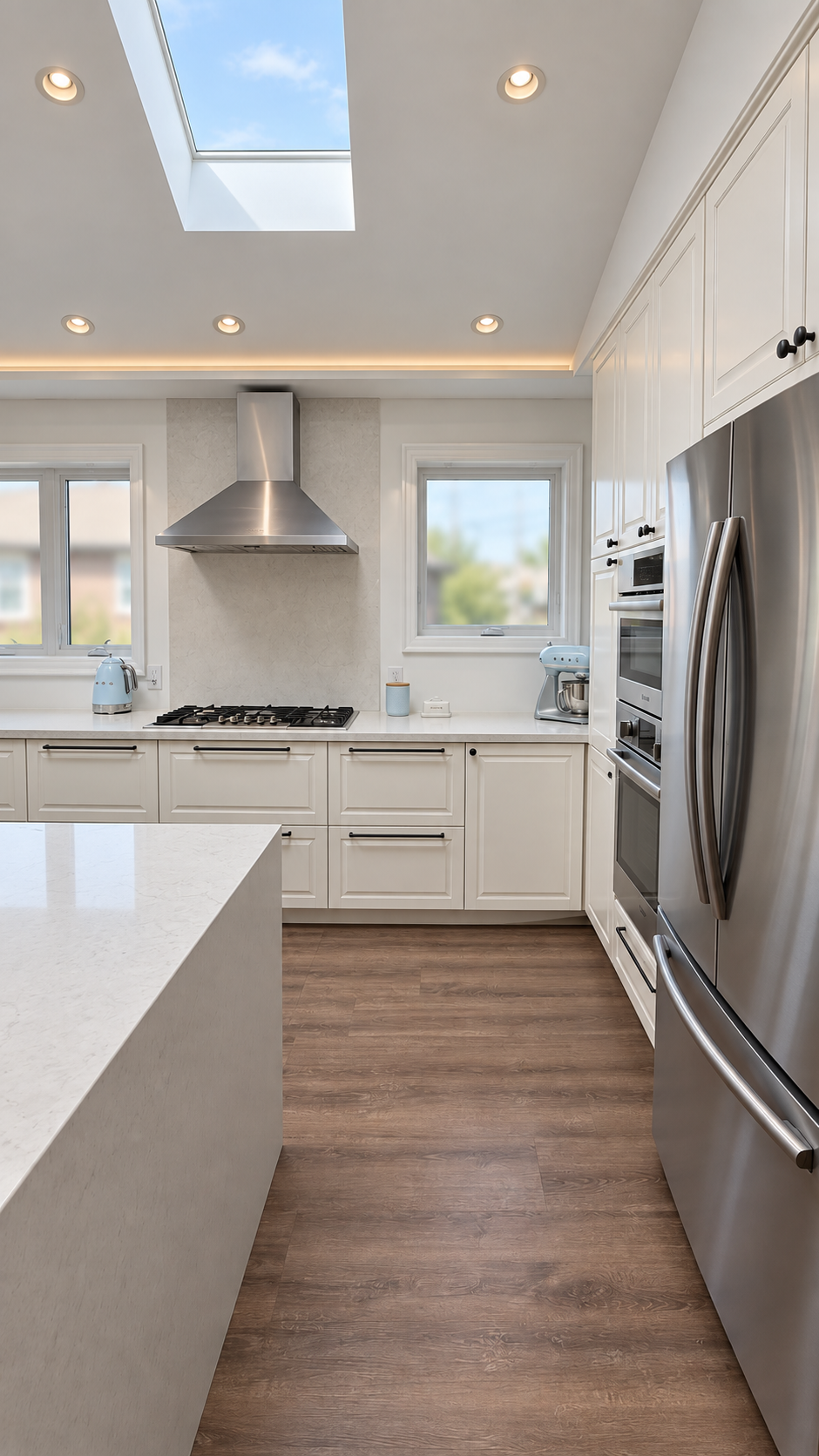Skylights and layered accent lighting brighten this kitchen, giving the space an open, modern feel.