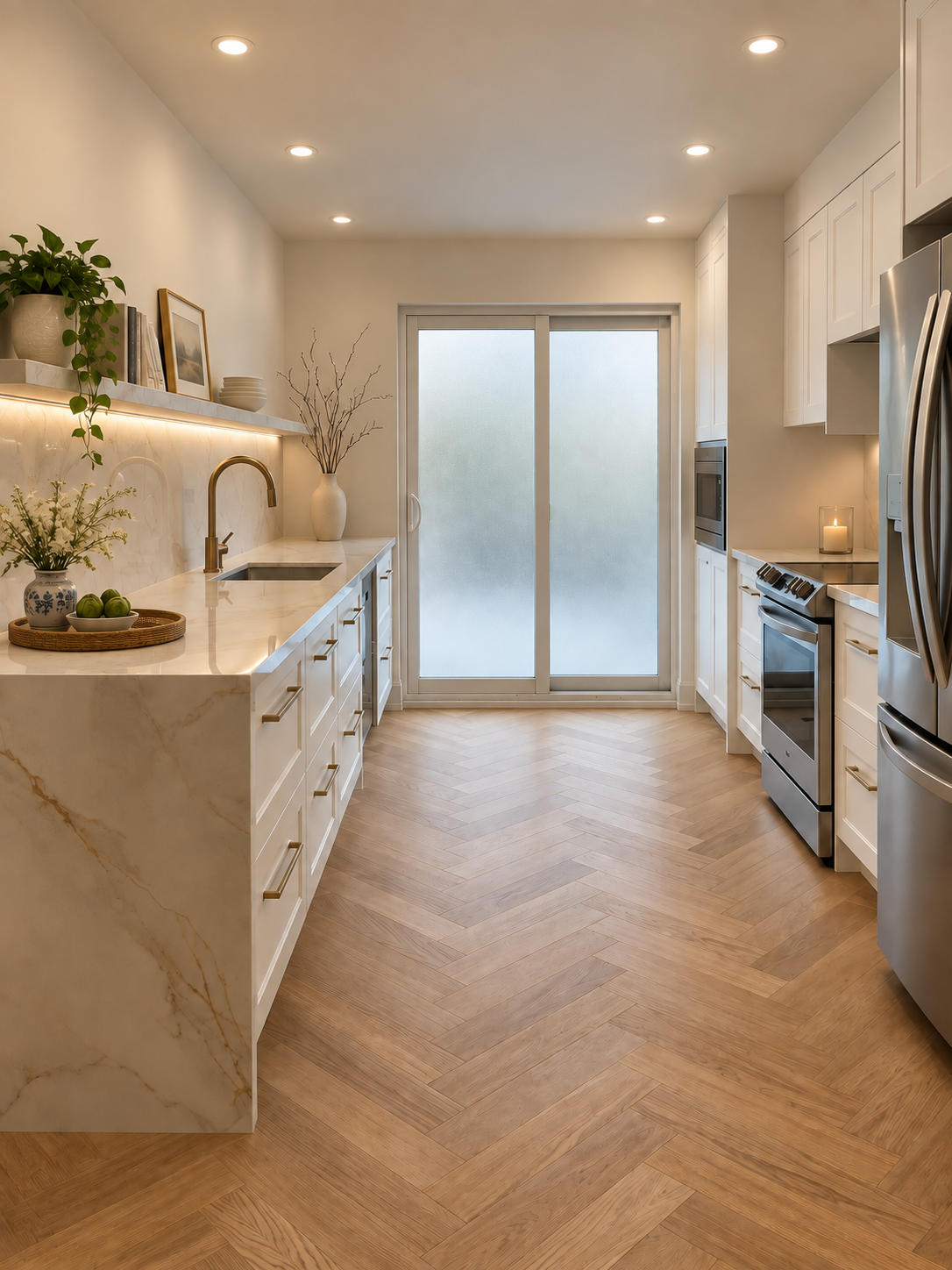 A full kitchen renovation with chevron flooring, marble countertops, and open shelving for display.