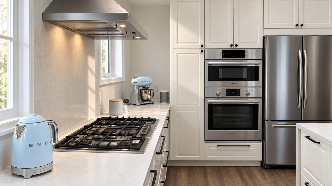 A renovated kitchen centred on a generous island with white marble countertops and white cabinetry.